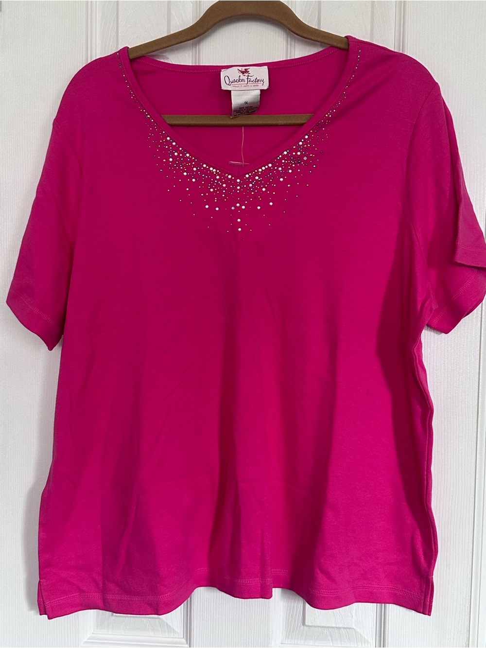 Quacker Factory Hot Pink Short Sleeve V-Neck Top with Rhinestone Accents